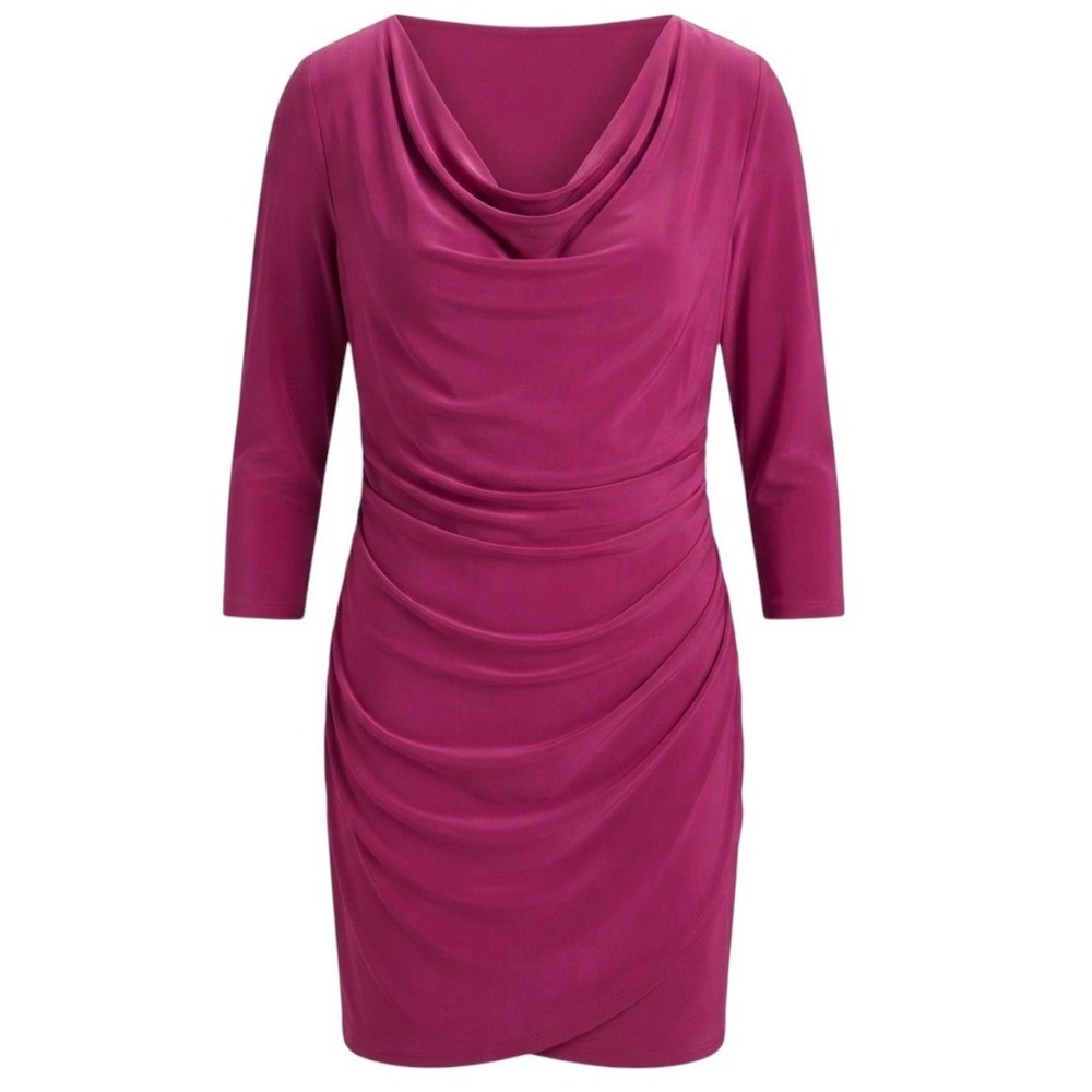 NWT Tahari ASL Magenta Size M Cowl Neck Long Sleeve Ruched Sheath Cocktail Dress